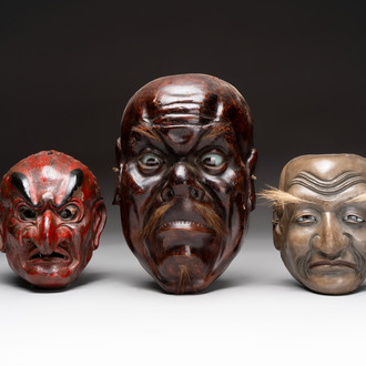 Three Japanese lacquered wooden Kyogen masks, Edo, 18/19th C.