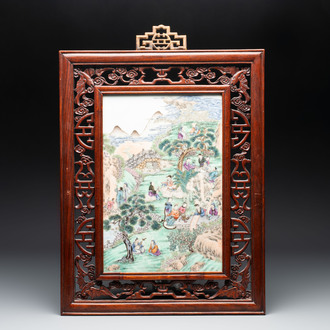A Chinese famille rose 'gathering of sages' plaque, mounted in a wooden frame, Republic