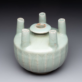 A Chinese Longquan celadon quintuple-tube vase, Yuan