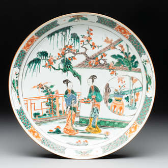 A Chinese famille verte 'ladies in a garden' dish, Kangxi
