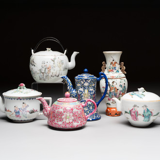 Five Chinese famille rose and qianjiang cai teapots and one wall vase, Qianlong and Guangxu marks, 19/20th C.