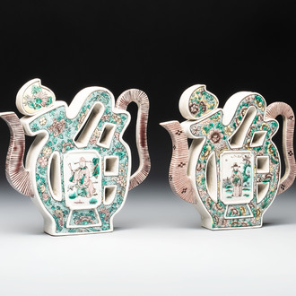 Two Chinese verte biscuit 'fu 福' wine ewers and covers, 19th C.