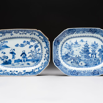Two Chinese blue and white octagonal serving dishes, Qianlong