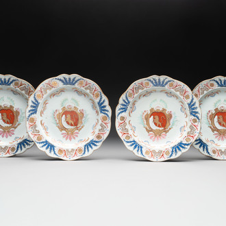 A rare set of four Chinese famille rose armorial dishes with the arms of Orry for the French market, Yongzheng, ca. 1730
