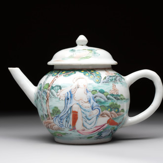 A rare Chinese famille rose teapot with an erotical depiction of a European lady, Yongzheng
