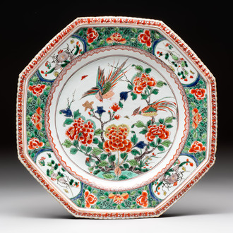 A Chinese famille verte 'peony and pheasant' octagonal dish, Kangxi