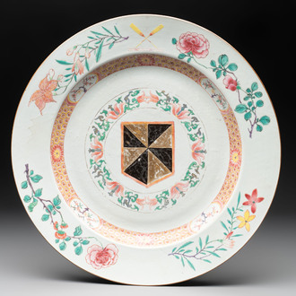 A large Chinese famille rose armorial dish with the arms of Campbell for the English market, Yongzheng/Qianlong