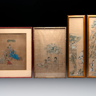 Four Chinese school paintings: ‘Zhou Dunyi 周敦頤’, ‘Magu’, and ‘Ladies in a Garden’, ink and colour on silk, 19/20th C.