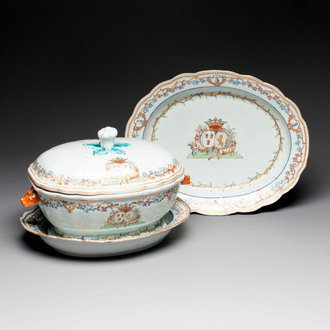 A Chinese famille rose armorial covered tureen, stand and serving dish with the arms of Visdelou for the French market, Qianlong, ca. 1765