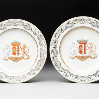 A pair of Chinese bianco sopra bianco armorial dishes with the arms of van Herzeele for the Dutch market, Qianlong, ca. 1740-1745