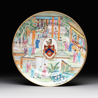 A rare Chinese Canton famille rose armorial dish with the arms of Wight, ca. 1810