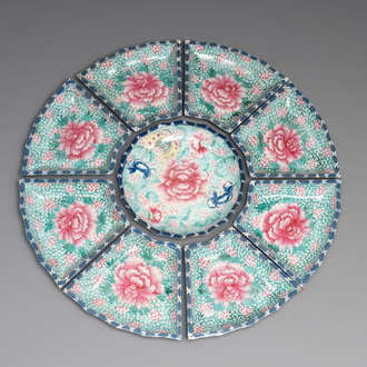 A rare Chinese enameled Yixing stoneware nine-piece 'peonies' sweetmeat set, 19th C.