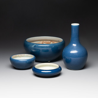 Four Chinese sacrificial blue-glazed wares, Qianlong mark, 18/19th C.