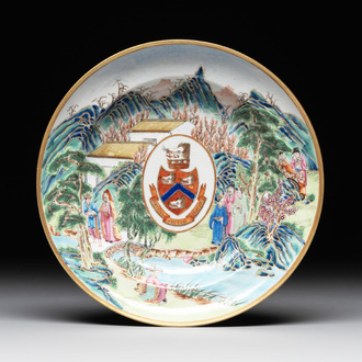A rare Chinese Canton famille rose armorial soup plate with the arms of Wight, ca. 1810