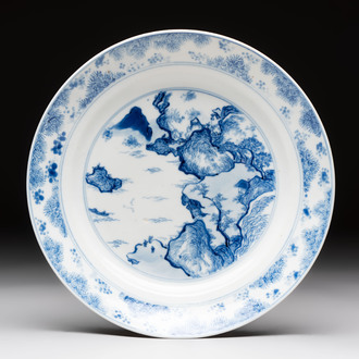 A Chinese blue and white 'Master of the Rocks' plate, Chenghua mark, Kangxi