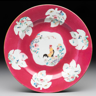 A Chinese famille rose ruby-ground 'rooster' dish, Yongzheng