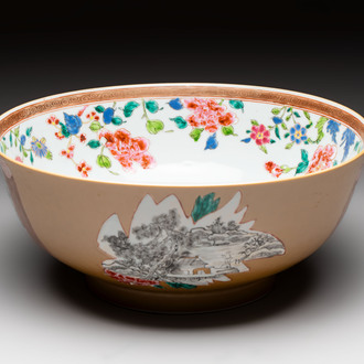 A Chinese famille rose capucin-ground bowl with landscape design, Qianlong