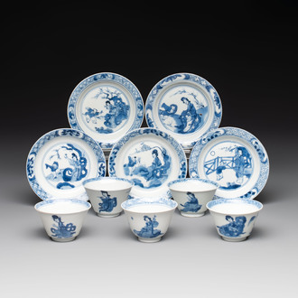 Five Chinese blue and white 'elegant beauty and boy' cups and saucers, Chenghua mark, Kangxi
