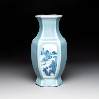 A Chinese blue and white claire-de-lune-ground 'landscape' vase, Yongzheng mark, 19th C.