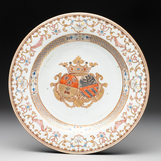 A Chinese famille rose armorial dish with an alliance coat of arms of Frosconi and Proli for the Belgian market, Qianlong, ca. 1739