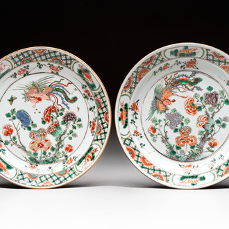 A pair of Chinese famille verte 'phoenix' plates, Kangxi