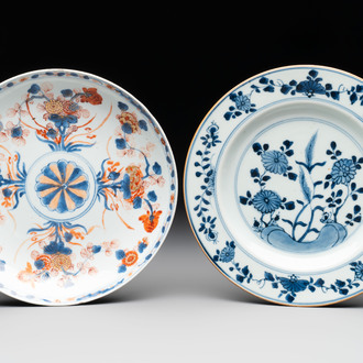 A Chinese Imari-style plate and a blue and white plate with floral design, Johanneum marks, ex-collection of August the Strong, Kangxi/Yongzheng
