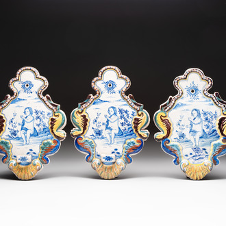Three polychrome Dutch Delft wall sconces, 19th C.