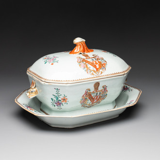 A Chinese famille rose armorial covered tureen and stand with the arms of Maltby impaling Lyne for the English market, Qianlong, ca. 1765