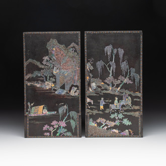 A pair of Chinese laque burgauté plaques with figures in landscapes and poems, Qing