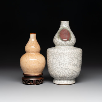 Two Chinese ge-type double-gourd vases, one with a wooden stand, 19th C.