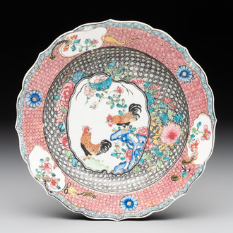 A Chinese famille rose 'roosters' eggshell plate, Yongzheng