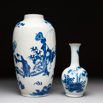 Two blue and white Dutch Delft chinoiserie vases, 17/18th C.