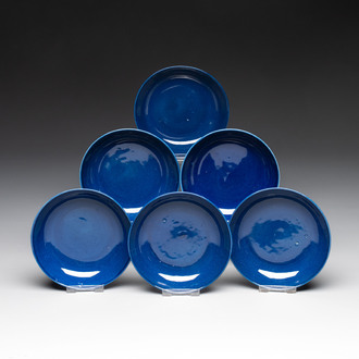 A set of six Chinese sacrificial blue-glazed saucers, Guangxu mark and of the period