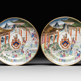 A pair of rare Chinese Canton famille rose armorial plates with the arms of Wight, ca. 1810