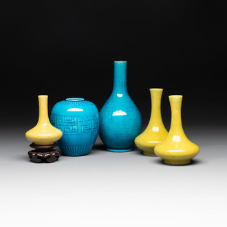Three Chinese yellow-glazed vases and two turquoise-glazed vases, 19th C.