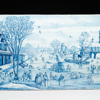 A fine large blue and white Dutch Delft plaque with an ice-skating scene, early 18th C.