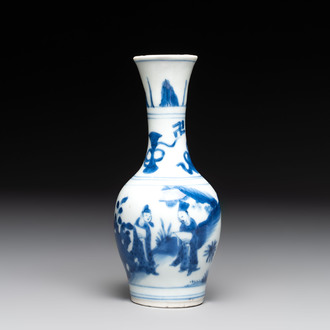 A small Chinese blue and white bottle vase with narrative design, Transitional period