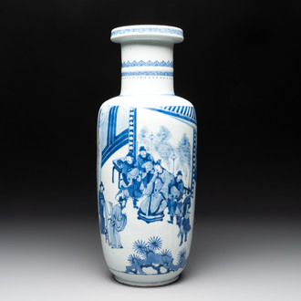 A Chinese blue and white rouleau vase with narrative design, Kangxi