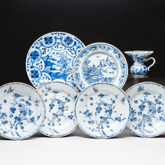 Five Chinese blue and white plates, a dish and a spittoon, Kangxi/Qianlong