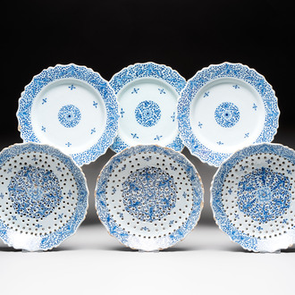 Three blue and white Dutch Delft strawberry strainers on stands, 18th C.
