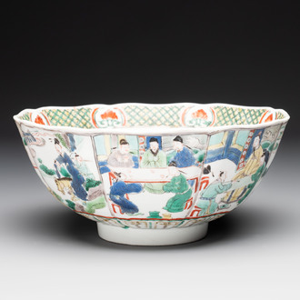 A Chinese famille verte bowl with narrative design, Fu 福 mark, Kangxi