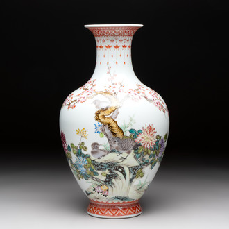 A Chinese famille rose 'birds among flowering branches' vase, Qianlong mark, 20th C.