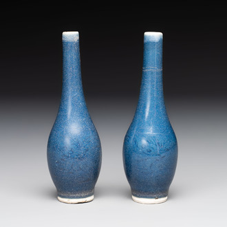 A pair of Chinese blue-glazed 'Hatcher Cargo' bottle vases with incised dragons, Transitional period