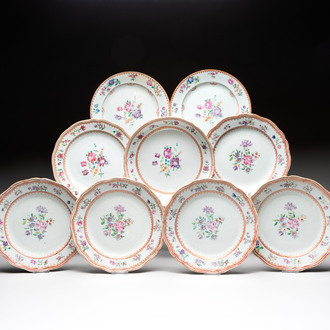 A set of nine Chinese famille rose Lowestoft-style plates, Qianlong