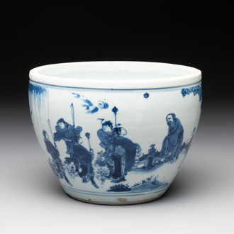 A Chinese blue and white 'Wen Wang Fang Xian 文王訪賢' scroll pot, Transitional period