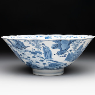 A rare Chinese blue and white 'Seven Sages of the Bamboo Grove' conical bowl, Kangxi mark and of the period