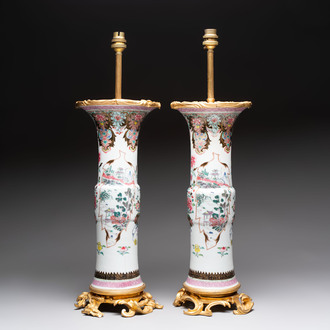 A pair of Chinese famille rose vases with fine gilt-bronze lamp mounts, Yongzheng