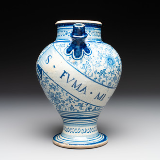 A fine blue and white Antwerp maiolica wet drug jar, 16th C.
