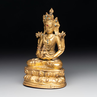 A Sino-Tibetan coral and turquoise-inlaid gilt-bronze Buddha Amitayus, 18th C.