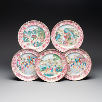 Five unusual and fine Chinese Canton famille rose dishes with puce-enamelled rims, 19th C.
